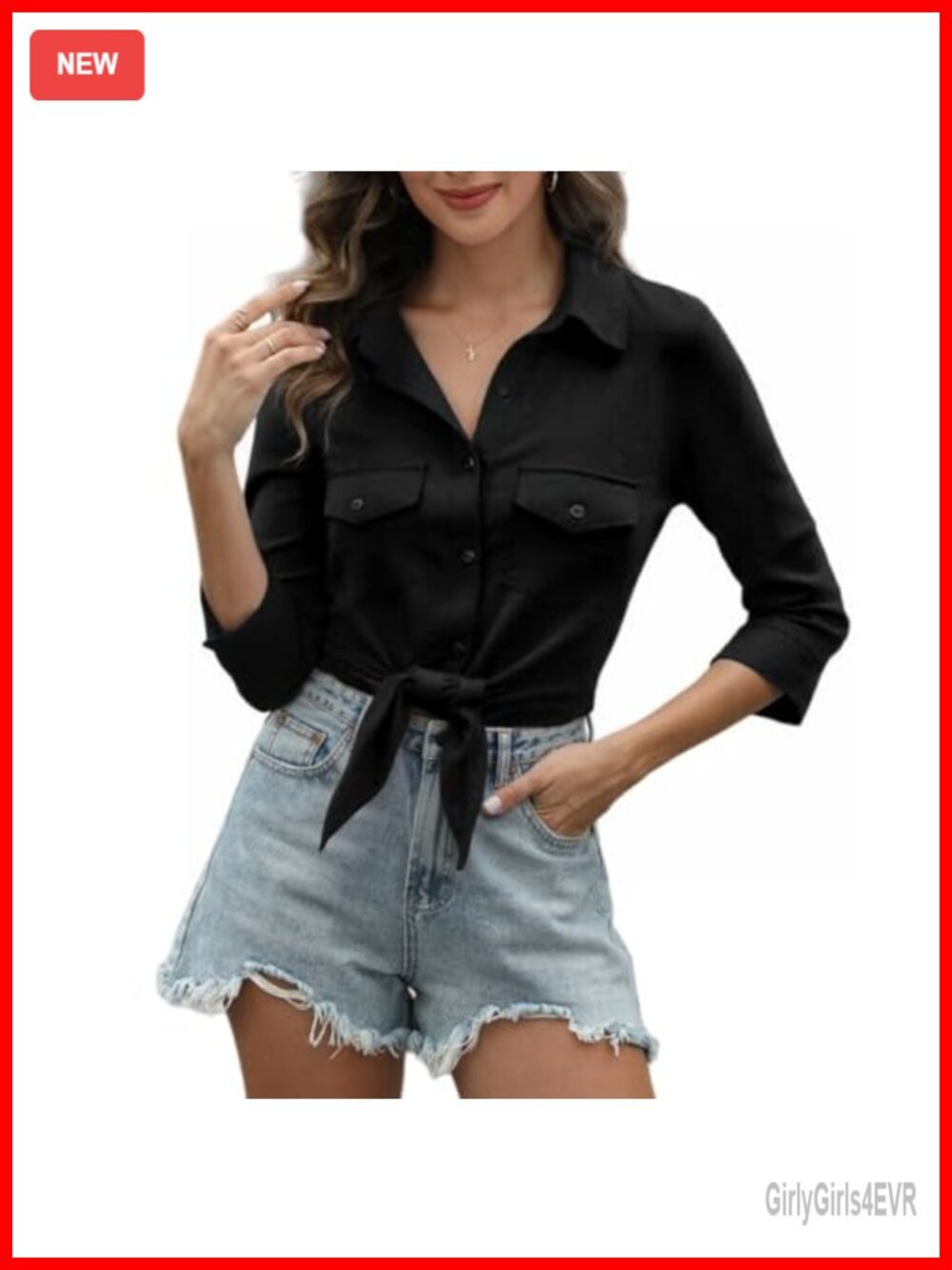 Women's Tie Front Top V Neck 3/4 Sleeve Cotton Button Down Shirt with Pockets